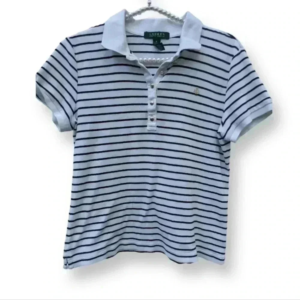 Lauren Ralf Lauren Women's Short-Sleeve Striped Quarter Button-up Polo Shirt Med
